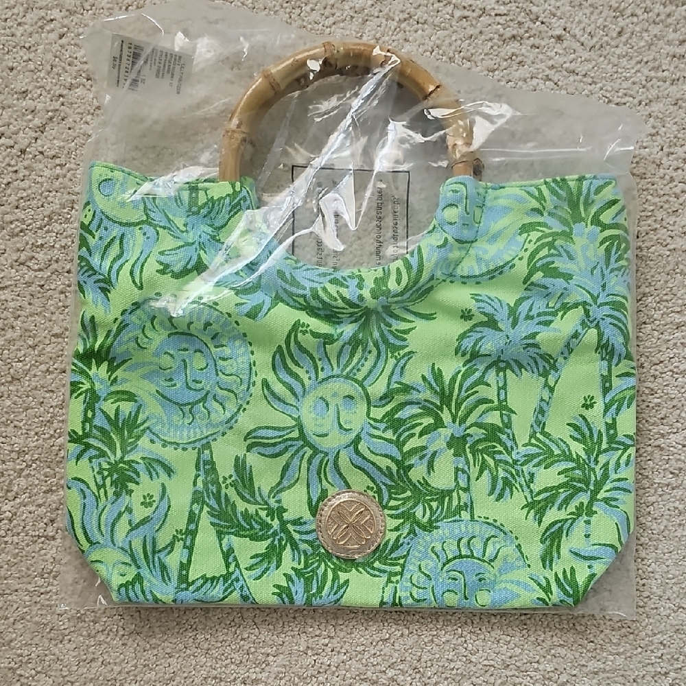 Lilly Pulitzer Green and Blue Tropical Tote With Bamboo Handles
